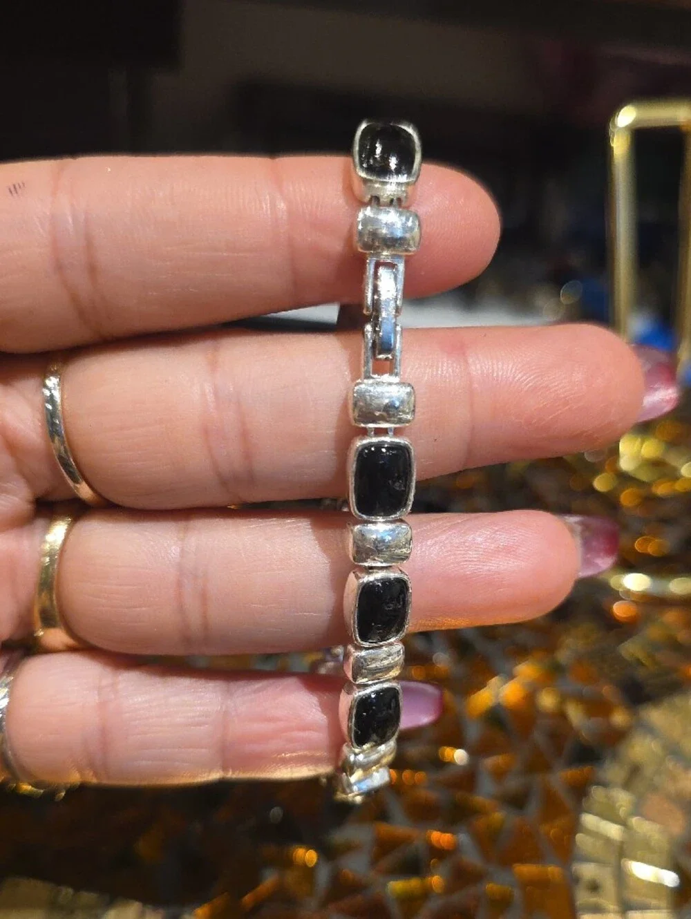 Source Unknown Silver Bracelet with Black Onyx Links
